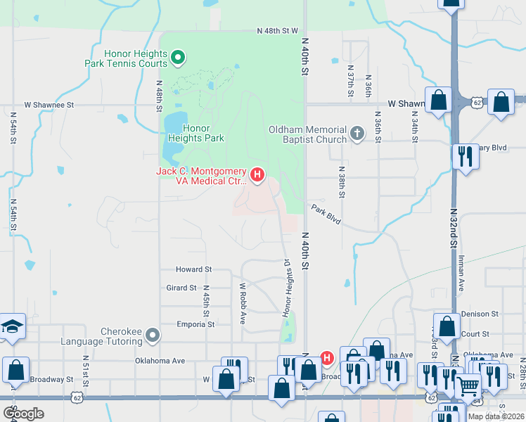 map of restaurants, bars, coffee shops, grocery stores, and more near 900 Nelson Drive in Muskogee