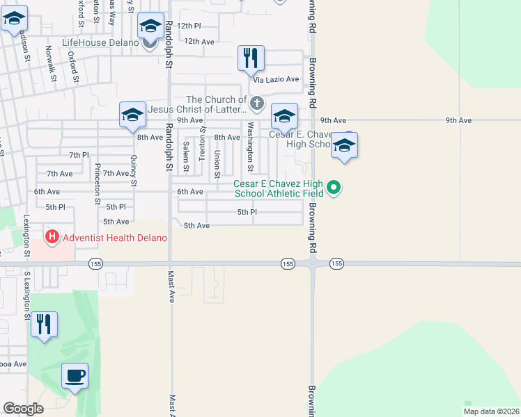 map of restaurants, bars, coffee shops, grocery stores, and more near 2118 5th Drive in Delano