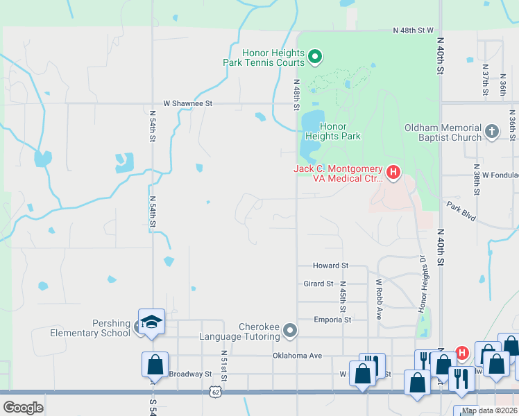 map of restaurants, bars, coffee shops, grocery stores, and more near 4 Leathers Lane in Muskogee