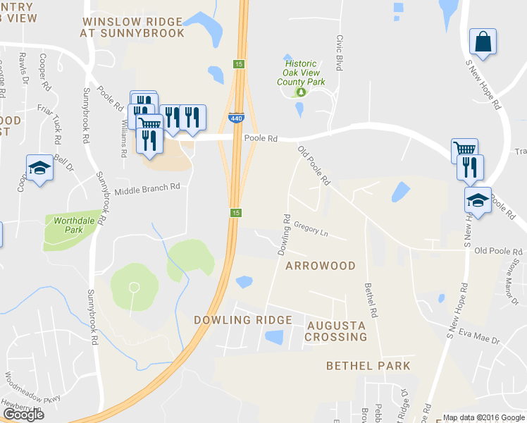 map of restaurants, bars, coffee shops, grocery stores, and more near 1120 Dowling Road in Raleigh