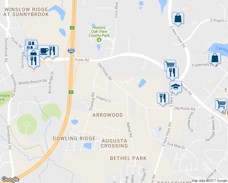 map of restaurants, bars, coffee shops, grocery stores, and more near 4228 Old Poole Road in Raleigh