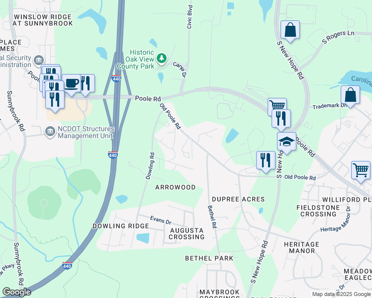 map of restaurants, bars, coffee shops, grocery stores, and more near 4228 Old Poole Road in Raleigh