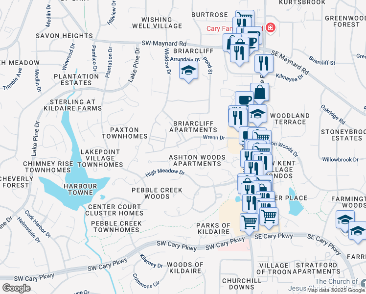map of restaurants, bars, coffee shops, grocery stores, and more near 209 Wrenn Drive in Cary