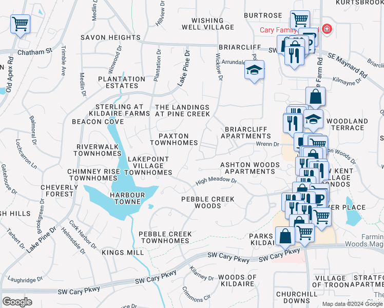 map of restaurants, bars, coffee shops, grocery stores, and more near 1220 Selwyn Lane in Cary