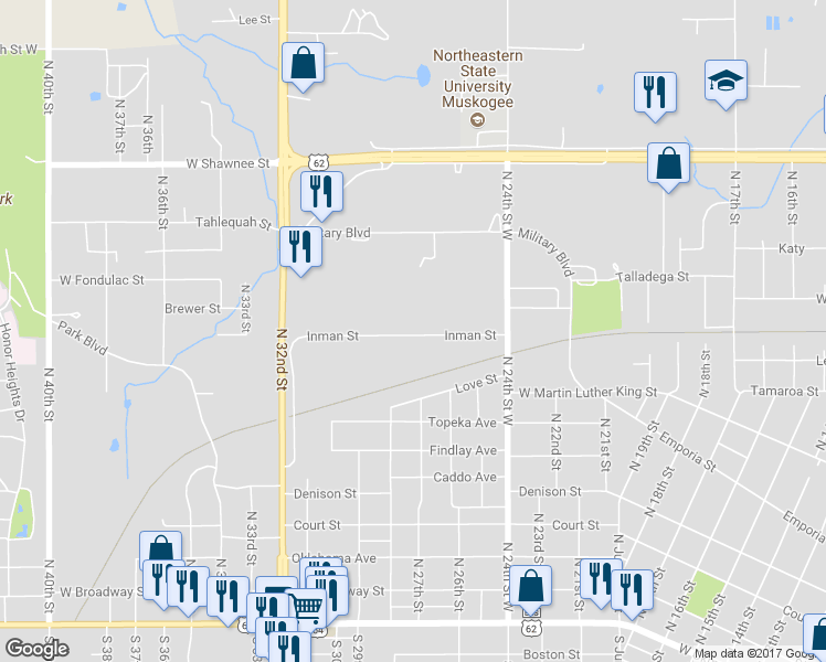 map of restaurants, bars, coffee shops, grocery stores, and more near 2716 Inman Street in Muskogee