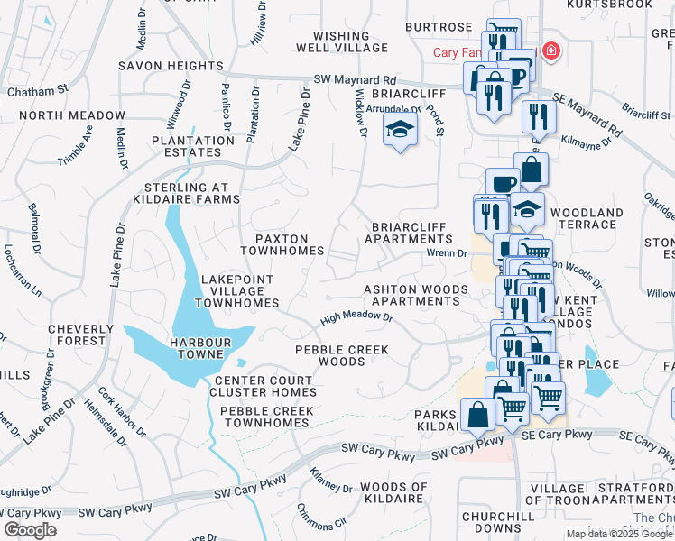 map of restaurants, bars, coffee shops, grocery stores, and more near 108 Virens Drive in Cary