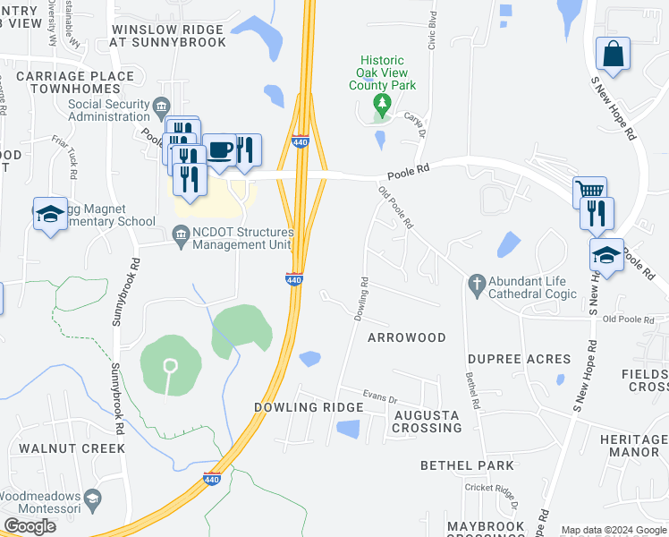 map of restaurants, bars, coffee shops, grocery stores, and more near 1120 Dowling Road in Raleigh