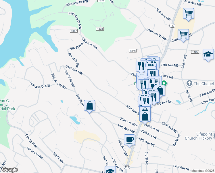 map of restaurants, bars, coffee shops, grocery stores, and more near 335 21st Avenue Drive Northwest in Hickory
