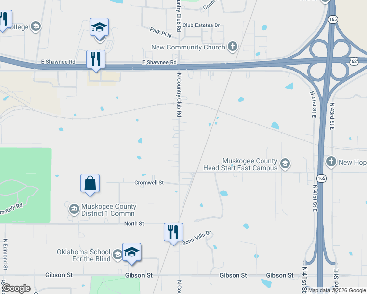 map of restaurants, bars, coffee shops, grocery stores, and more near 1720 North Country Club Road in Muskogee