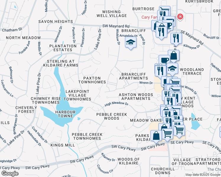 map of restaurants, bars, coffee shops, grocery stores, and more near 108 Virens Drive in Cary