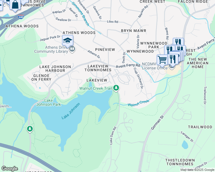 map of restaurants, bars, coffee shops, grocery stores, and more near 1104 Lands End Court in Raleigh