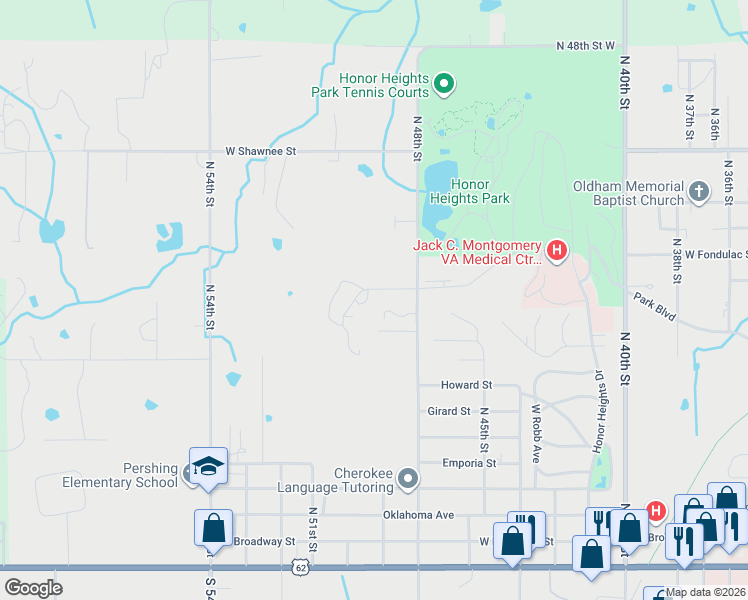 map of restaurants, bars, coffee shops, grocery stores, and more near 4 Leathers Lane in Muskogee