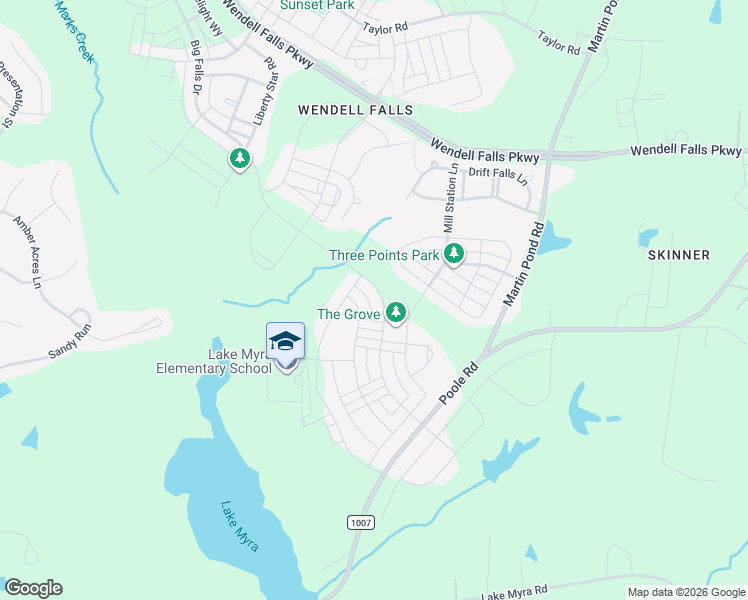 map of restaurants, bars, coffee shops, grocery stores, and more near 1533 Big Falls Drive in Wendell