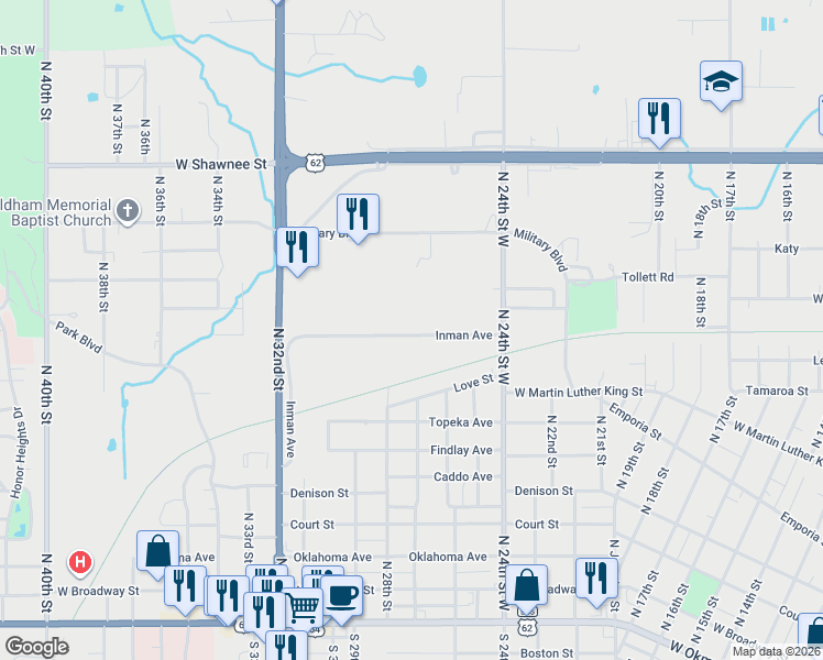 map of restaurants, bars, coffee shops, grocery stores, and more near 2716 Inman Street in Muskogee