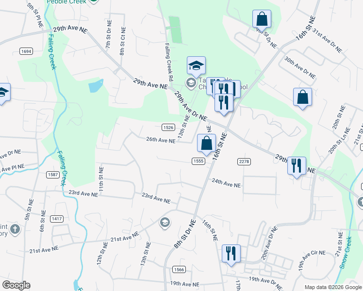 map of restaurants, bars, coffee shops, grocery stores, and more near 1320 26th Avenue Northeast in Hickory