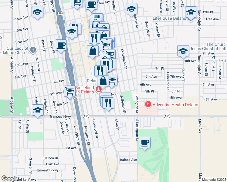 map of restaurants, bars, coffee shops, grocery stores, and more near 612 Main Street in Delano
