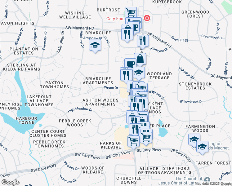 map of restaurants, bars, coffee shops, grocery stores, and more near 109 Wrenn Drive in Cary