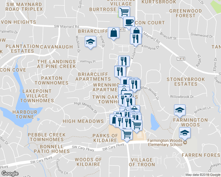 map of restaurants, bars, coffee shops, grocery stores, and more near 109 Wrenn Drive in Cary
