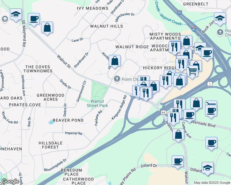 map of restaurants, bars, coffee shops, grocery stores, and more near 1504 Walnut Street in Cary