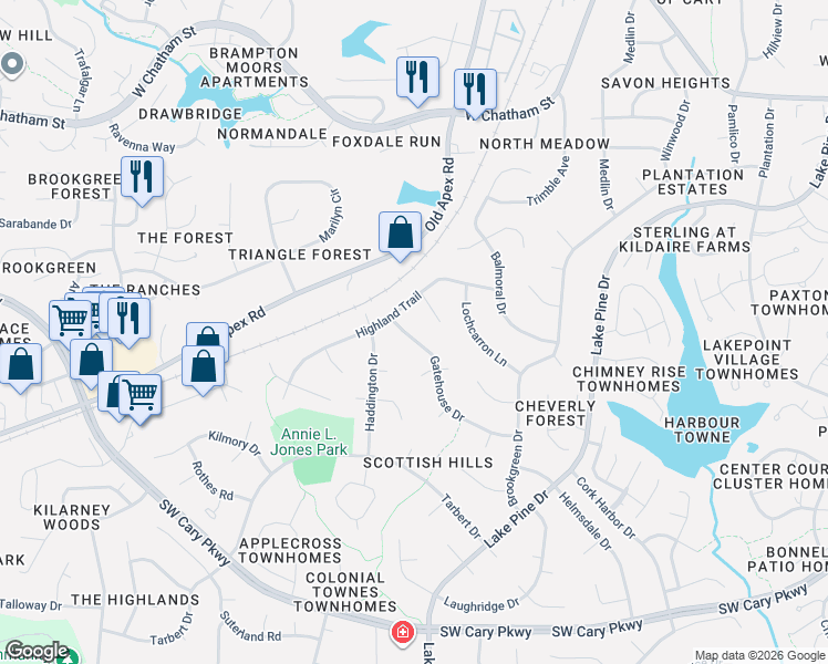 map of restaurants, bars, coffee shops, grocery stores, and more near 1206 Kelty Court in Cary