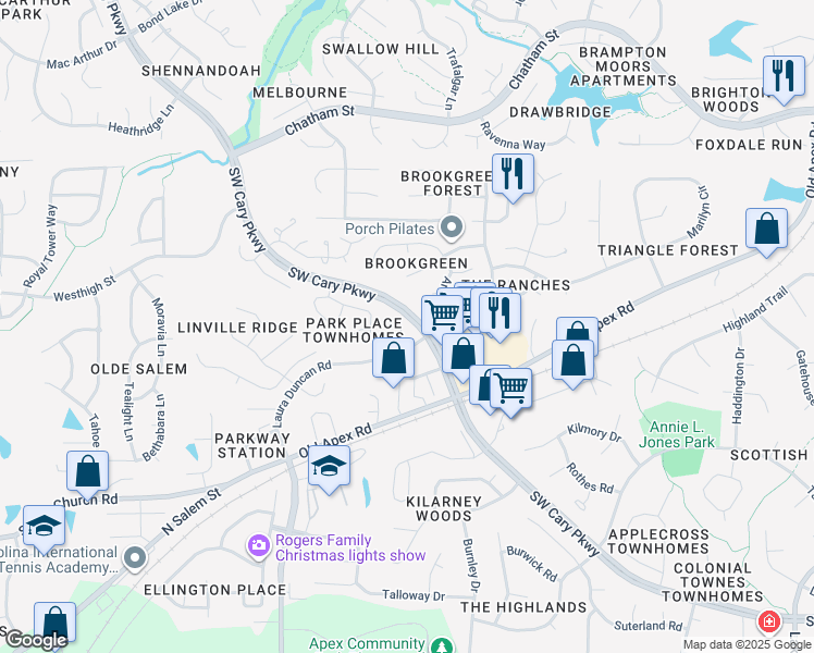 map of restaurants, bars, coffee shops, grocery stores, and more near 206 Pointe Crest Court in Cary