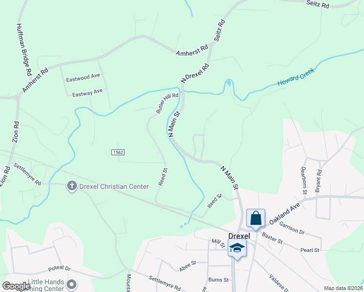 map of restaurants, bars, coffee shops, grocery stores, and more near 200-204 South Main Street in Drexel