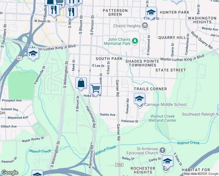 map of restaurants, bars, coffee shops, grocery stores, and more near 504 Branch Street in Raleigh