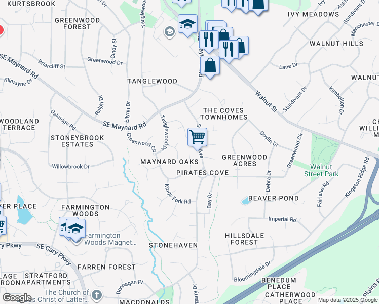 map of restaurants, bars, coffee shops, grocery stores, and more near 1206 Kenbridge Lane in Cary