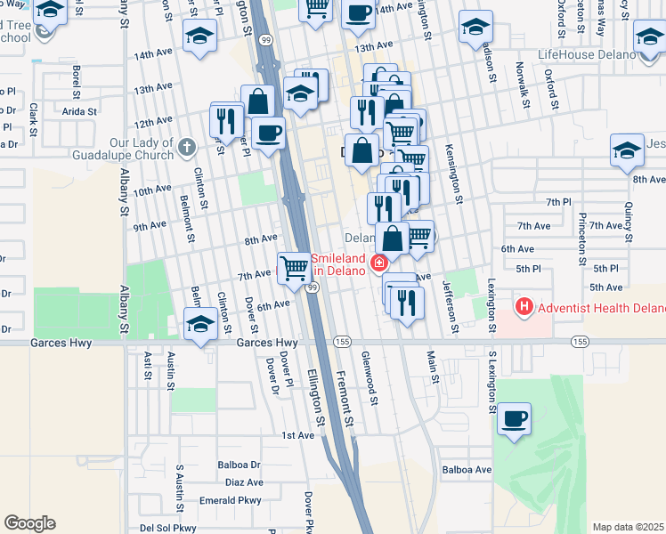 map of restaurants, bars, coffee shops, grocery stores, and more near 614 7th Avenue in Delano