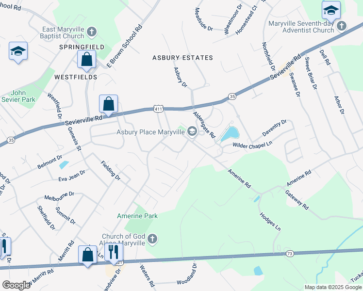 map of restaurants, bars, coffee shops, grocery stores, and more near 729 Kiefer Lane in Maryville