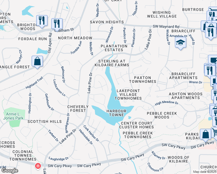 map of restaurants, bars, coffee shops, grocery stores, and more near 215 Riverwalk Circle in Cary