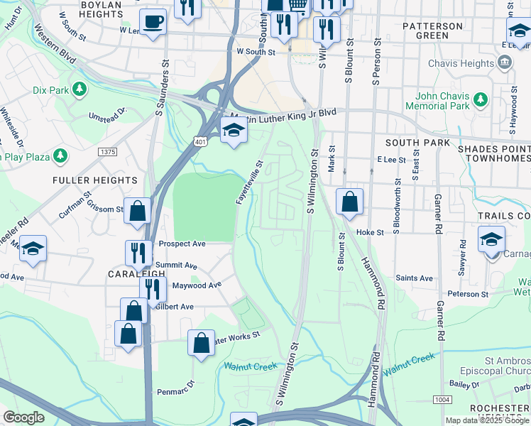 map of restaurants, bars, coffee shops, grocery stores, and more near 221 Little Blues Alley in Raleigh