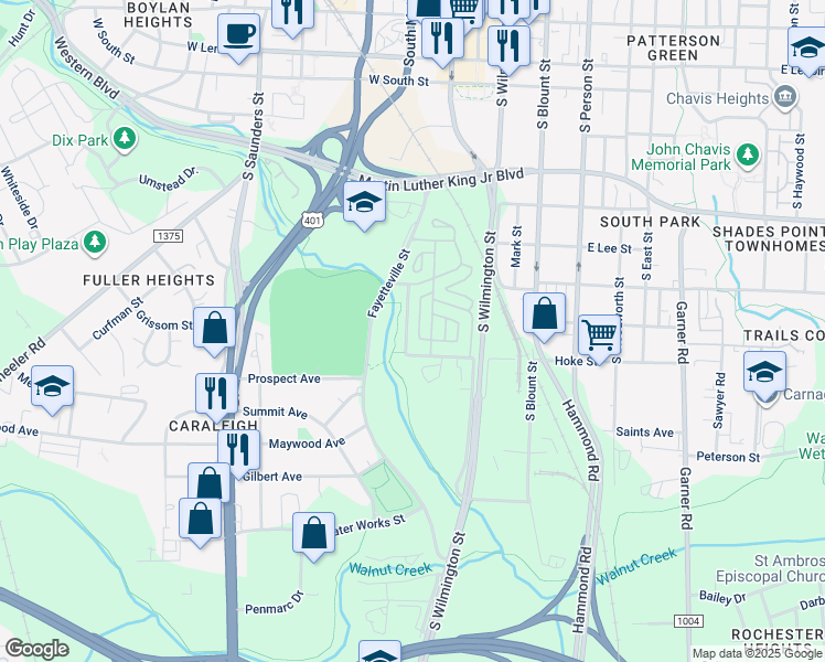 map of restaurants, bars, coffee shops, grocery stores, and more near 221 Little Blues Alley in Raleigh