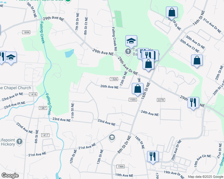 map of restaurants, bars, coffee shops, grocery stores, and more near 1230 26th Avenue Northeast in Hickory