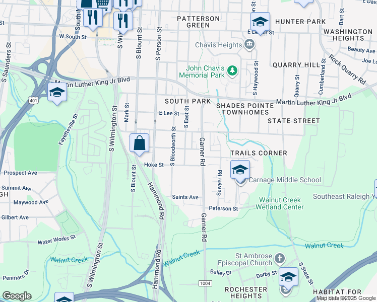 map of restaurants, bars, coffee shops, grocery stores, and more near 504 Branch Street in Raleigh