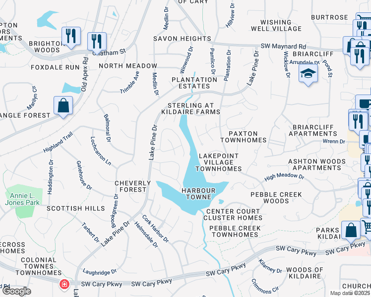 map of restaurants, bars, coffee shops, grocery stores, and more near 215 Riverwalk Circle in Cary