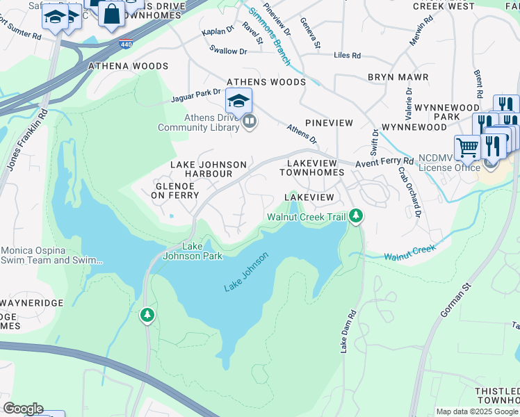 map of restaurants, bars, coffee shops, grocery stores, and more near 4253 The Oaks Drive in Raleigh
