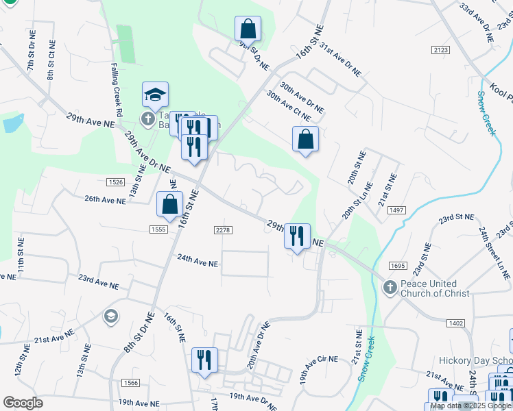 map of restaurants, bars, coffee shops, grocery stores, and more near 2817 17 Street Court Northeast in Hickory