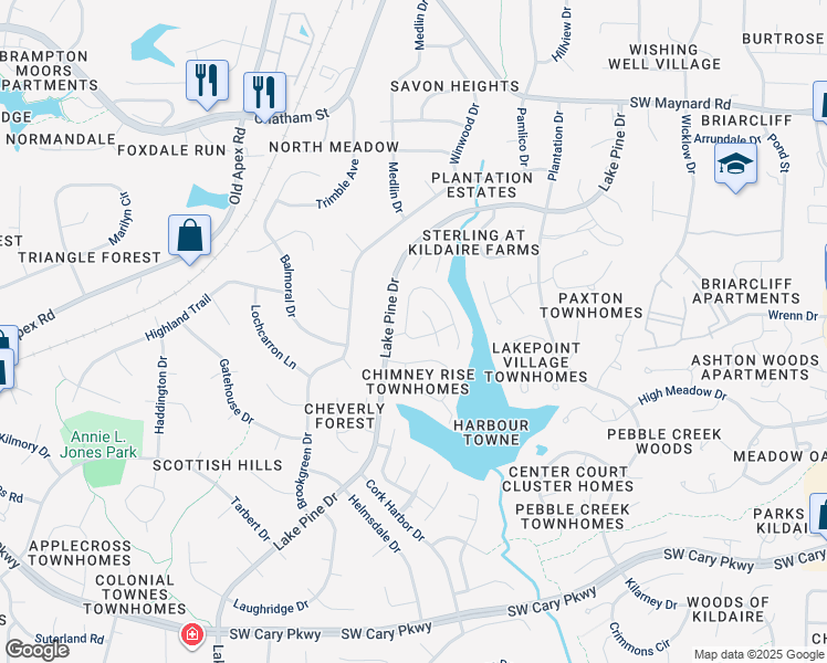 map of restaurants, bars, coffee shops, grocery stores, and more near 316 Riverwalk Circle in Cary
