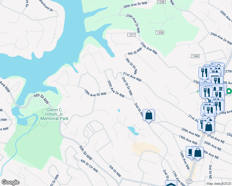 map of restaurants, bars, coffee shops, grocery stores, and more near 657 20th Avenue Drive Northwest in Hickory