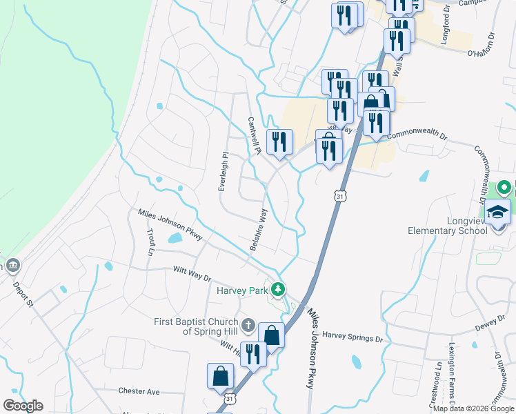 map of restaurants, bars, coffee shops, grocery stores, and more near 2054 Belshire Way in Spring Hill