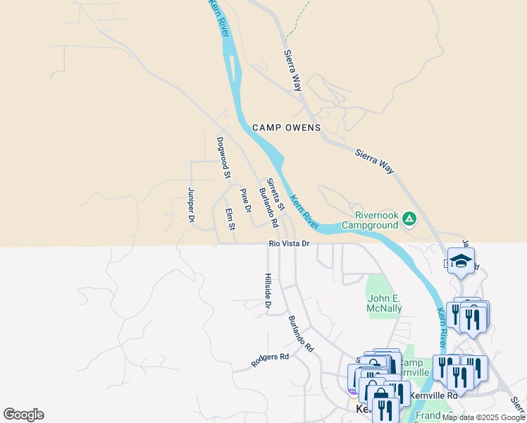 map of restaurants, bars, coffee shops, grocery stores, and more near 613 Burlando Road in Kernville