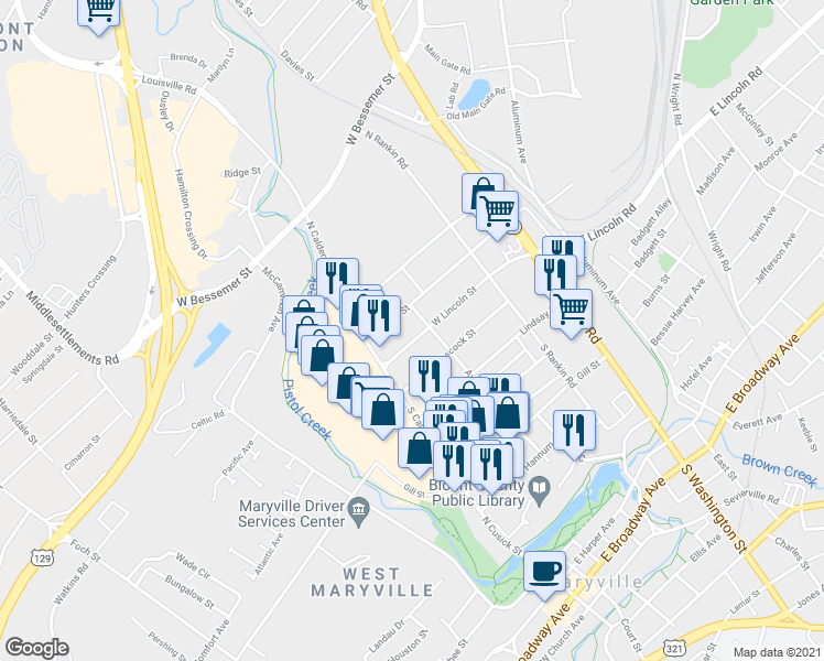 map of restaurants, bars, coffee shops, grocery stores, and more near 316 W Lincoln Rd in Alcoa