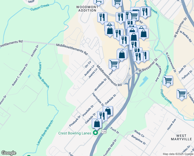 map of restaurants, bars, coffee shops, grocery stores, and more near 1121 Middlesettlements Road in Maryville