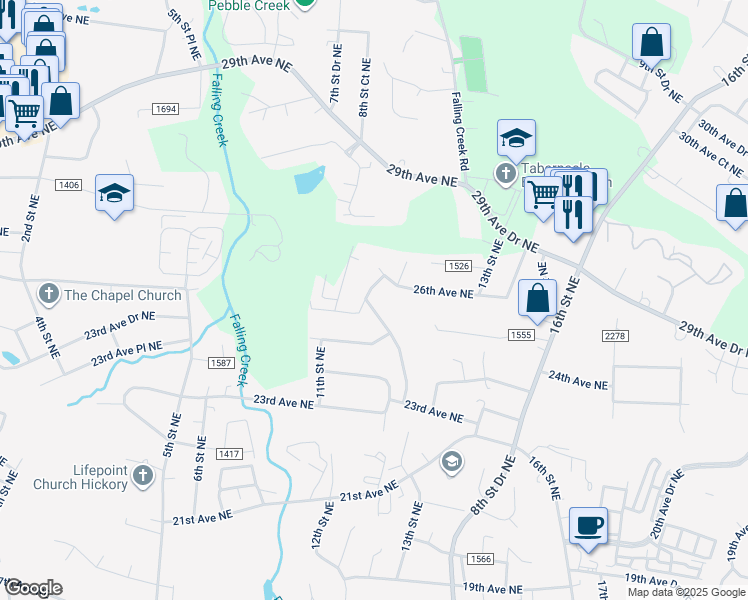 map of restaurants, bars, coffee shops, grocery stores, and more near 2360 13th Street Drive Northeast in Hickory