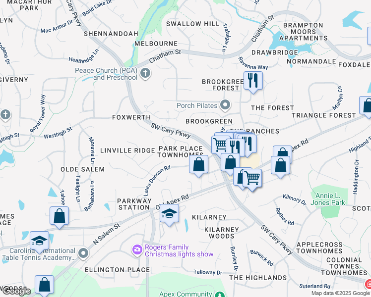 map of restaurants, bars, coffee shops, grocery stores, and more near 403 Center Pointe Drive in Cary