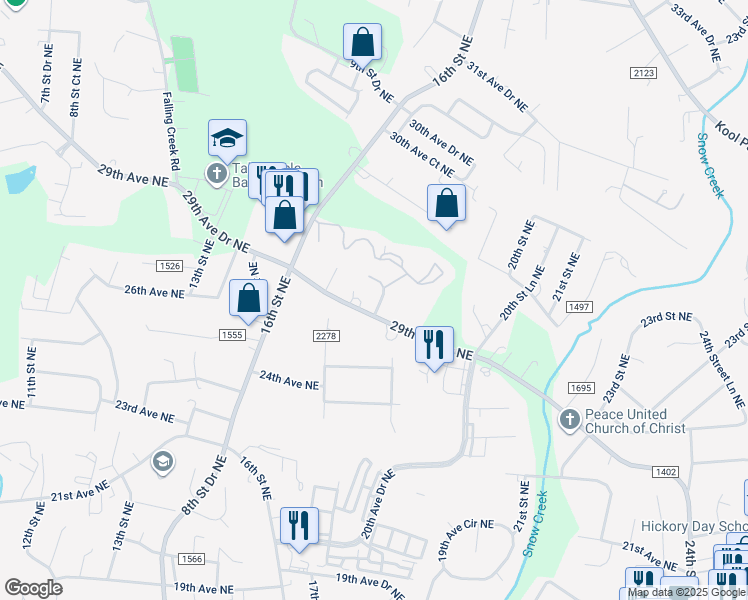 map of restaurants, bars, coffee shops, grocery stores, and more near 2817 17 Street Court Northeast in Hickory