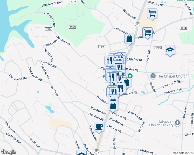 map of restaurants, bars, coffee shops, grocery stores, and more near 2433 1st Street Northwest in Hickory