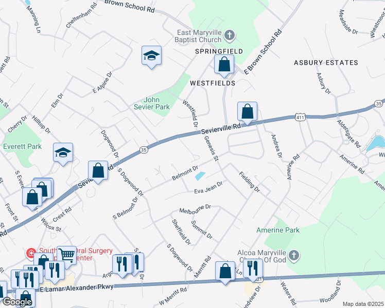 map of restaurants, bars, coffee shops, grocery stores, and more near 903 Naomi Drive in Maryville