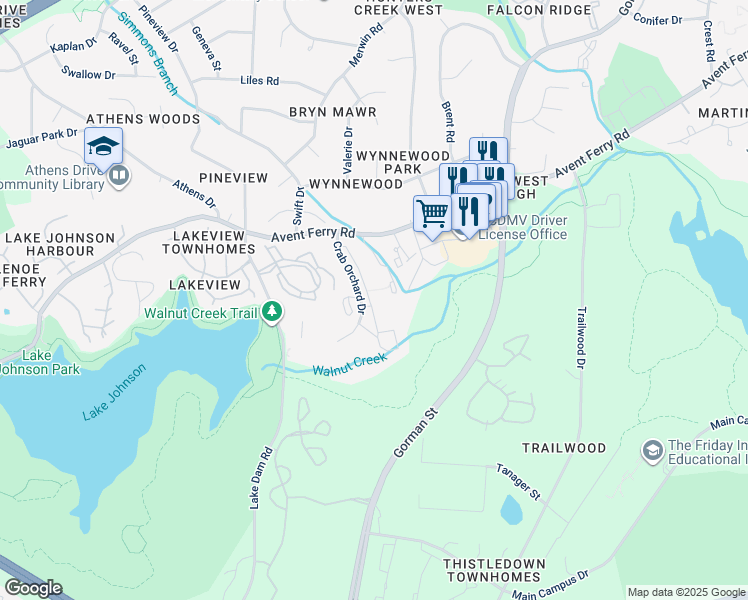 map of restaurants, bars, coffee shops, grocery stores, and more near 1141 Crab Orchard Drive in Raleigh